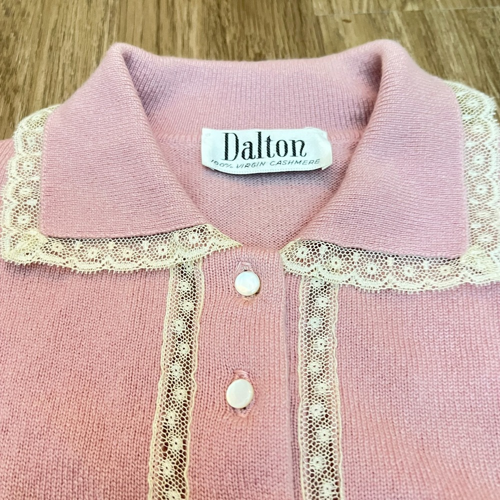 Vintage Dalton 100% Virgin Cashmere Cardigan Pink Lace Trim Pearl Buttons